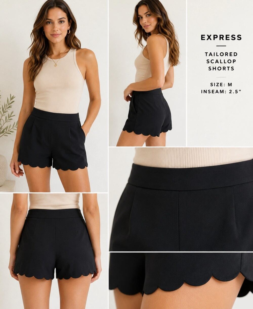 NWT Beachy Preppy Express Tailored Scallop Hem Shorts Size M Black High Waist